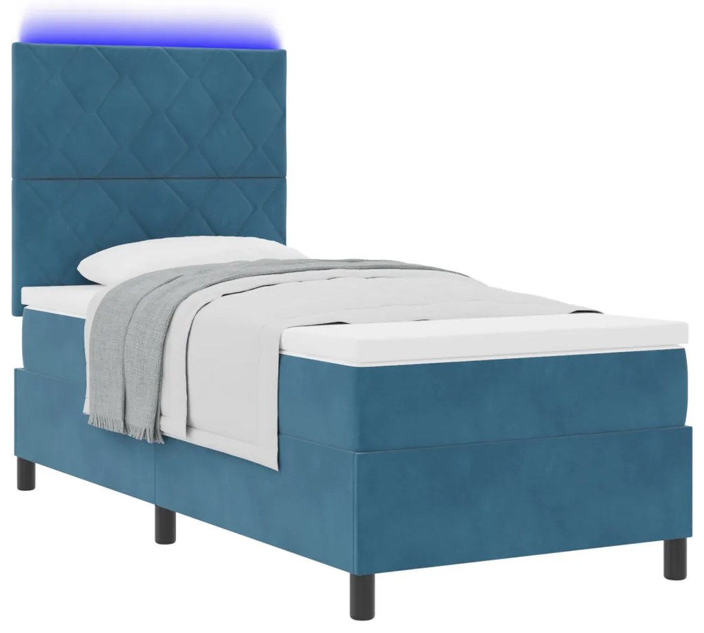 Boxspring Ágy Matrac & LED Sötétkék 90x190 cm Bársonyos
