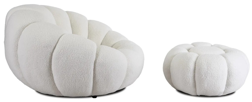 Designer Fotel Lábtartóval Krém Bouclé Szövettel. PETTIT