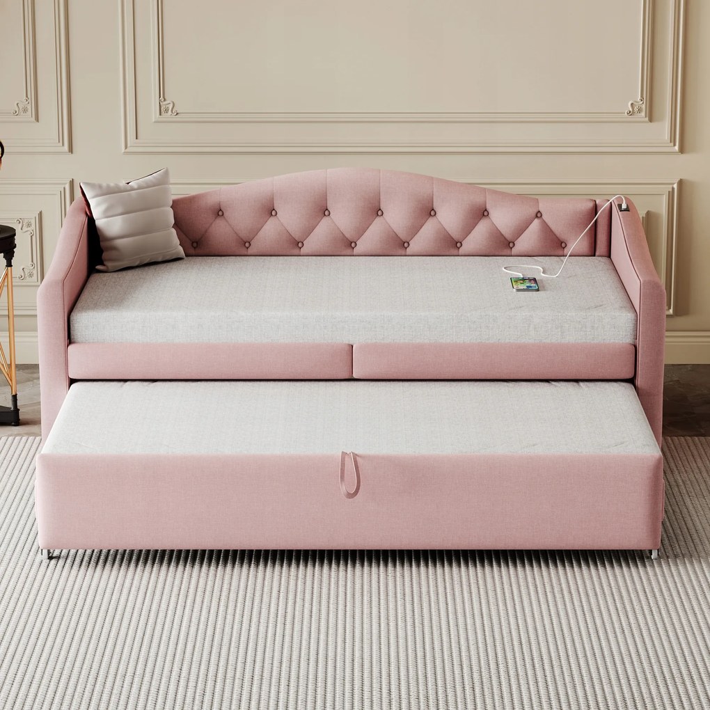 Kárpitozott ágy Gyerekágy Összecsukható kanapé 90x200cm Usb Len Rózsaszín