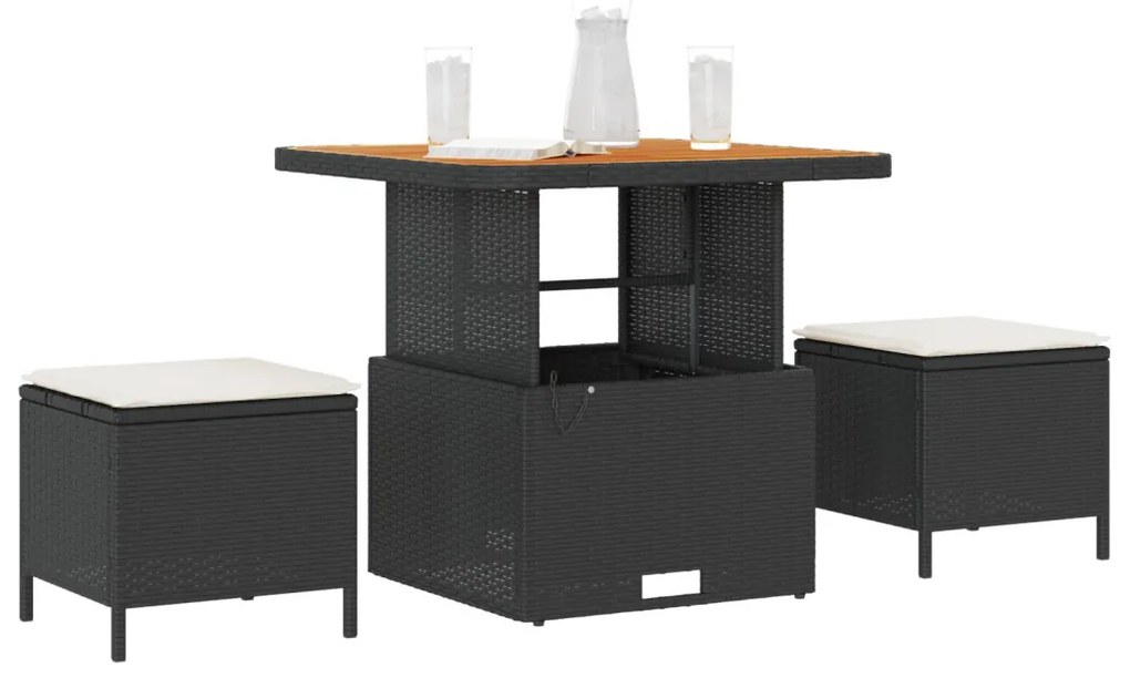 3 darabos kerti étkező szett párnákkal fekete polyrattan akáccal