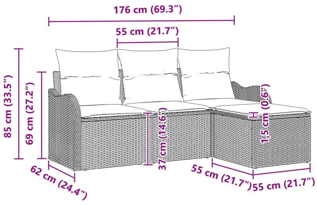 4 darabos kert kanapé szett párnákkal világosszürke poli rattan, 2 személyes kert kanapé párnákkal világosszürke poli rattan