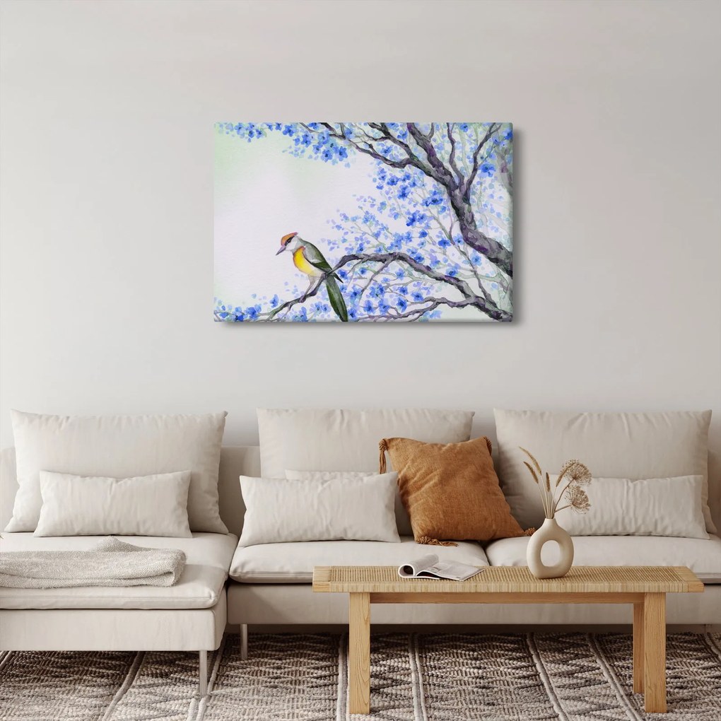Kép - Madár egy fán kék virágokkal (90x60 cm)