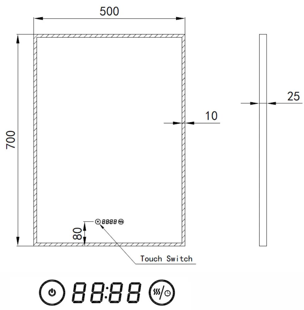 Álló fürdőszobai LED tükör 50x70cm | Páramentesítő funkció - Óra - Fényerő és színhőmérséklet szabályozás | Welland Luxury-Line G770