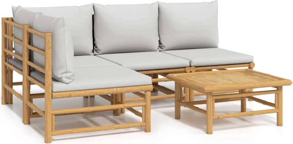 vidaXL 5 részes bambusz kerti ülőgarnitúra világosszürke párnákkal
