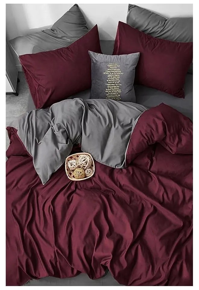 Borvörös-szürke kétszemélyes-hosszabbított pamut ágyneműhuzat lepedővel 200x220 cm – Mila Home