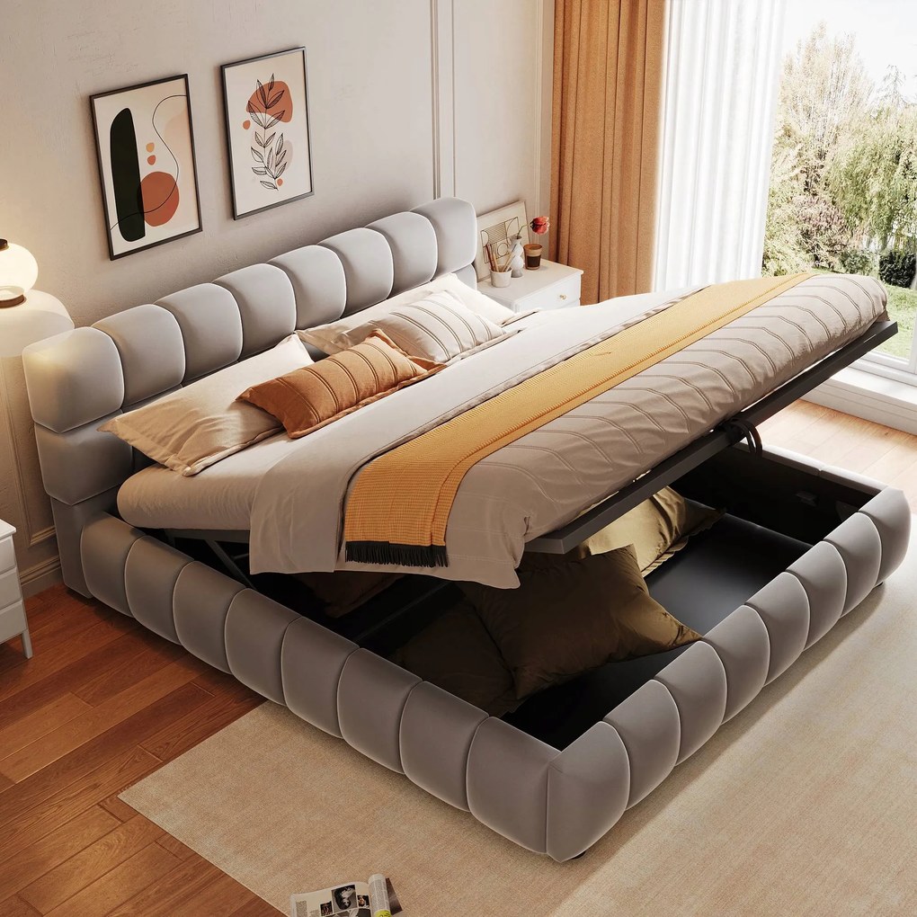 Kárpitozott ágy 140 x 200 cm Dupla ágy Hidraulikus bársony szürke