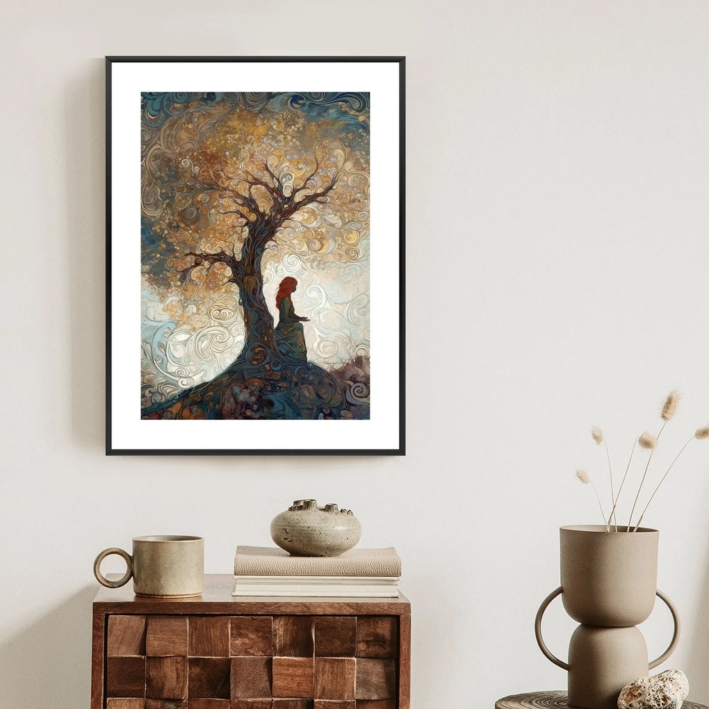 Nő és az életfa poszter - 30x40 cm, Ezüst
