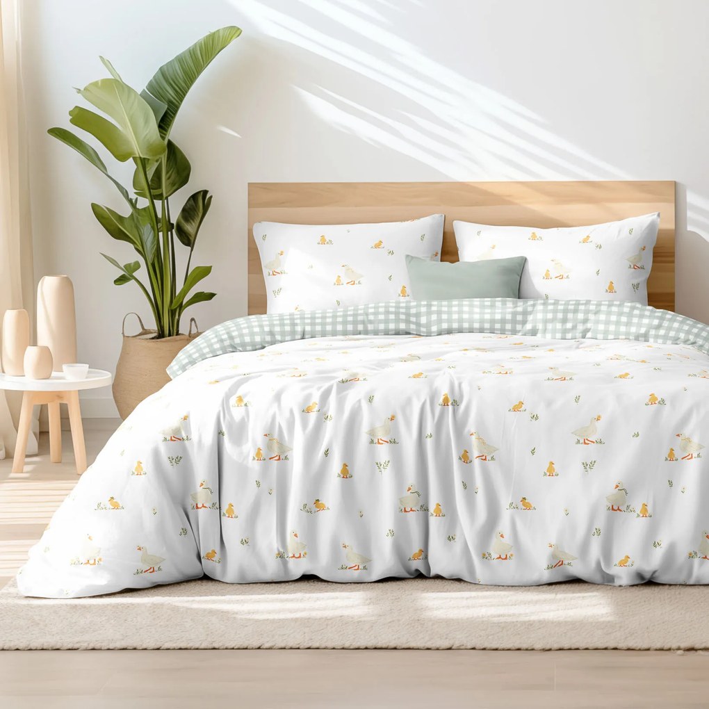 Goldea húsvéti pamut ágyneműhuzat - kacsák és kockás zsálya színű 220 x 200 és 2db 70 x 90 cm