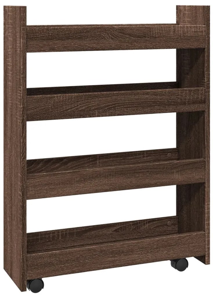 4 szintes barna tölgy színű szerelt fa keskeny tárolókocsi