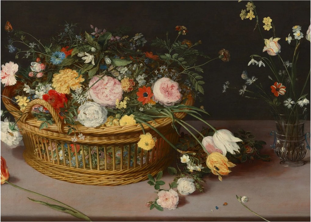 Kép - Jan Brueghel the Elder, Flowers in a Basket and a Vase, reprodukciók (70x50 cm)