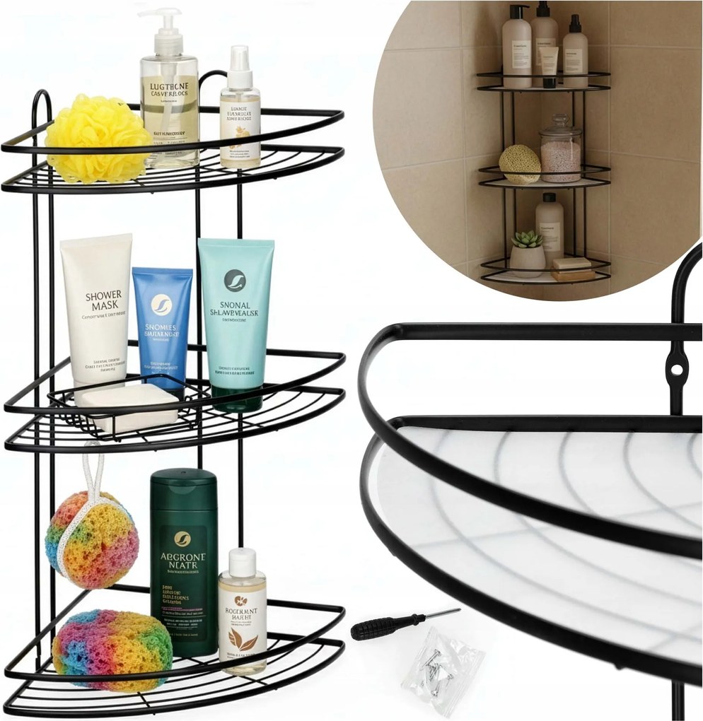 Fürdőszobai Sarokpolc Zuhany Alá 58cm Akasztós 3 Polcos Fekete Acél