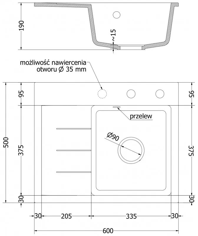 Mexen Ben, 1 kamrás gránit mosogató 600x500x190 mm, jobb + króm szifon, fekete, 6523605000-77