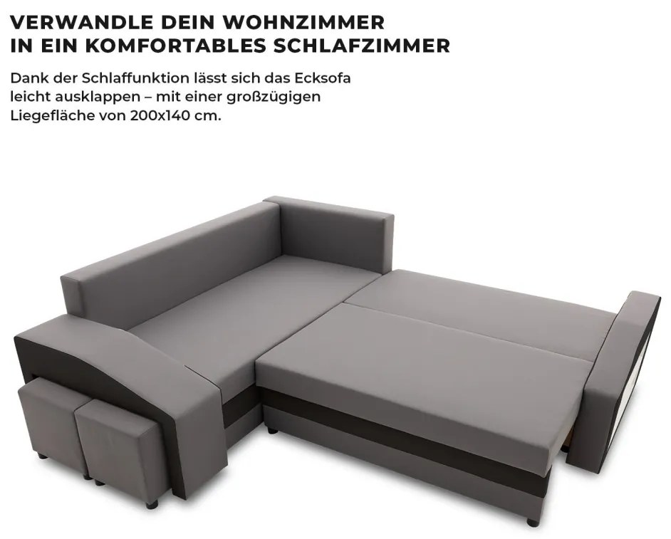 Grande sarokkanapé polcokkal és puffokkal , polc a jobb karfaban puffok a bal karfaban, baloldali, szövet anyag, bonell töltet, szürke - fekete