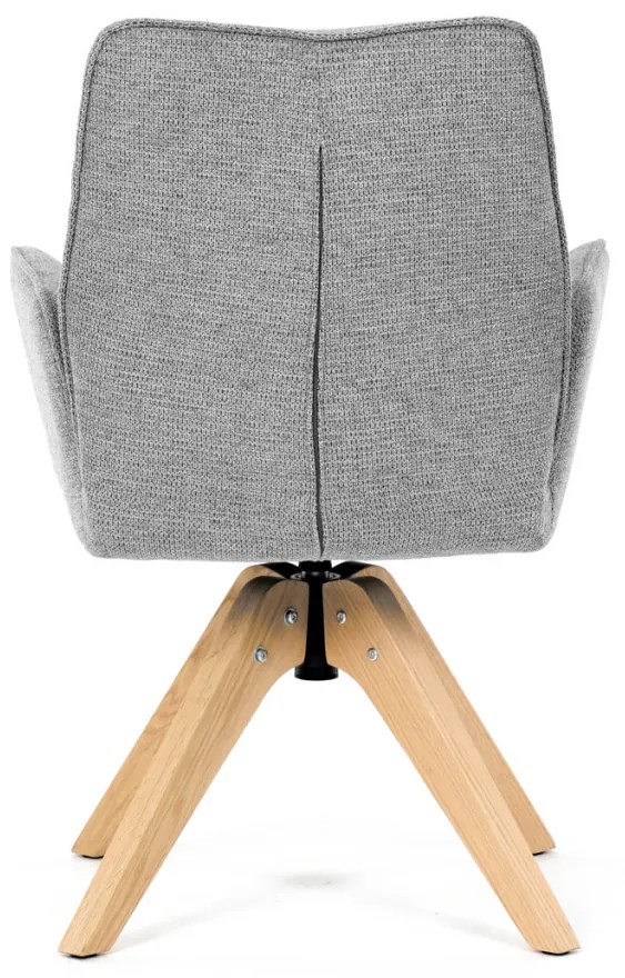 Scaun de sufragerie cu cotiere, din material hidrofug gri deschis, cu picioare de stejar, rotativ 360°