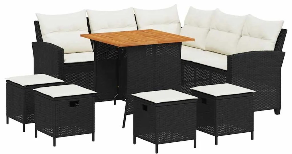 6 részes fekete polyrattan kerti ülőgarnitúra párnával L-alakú