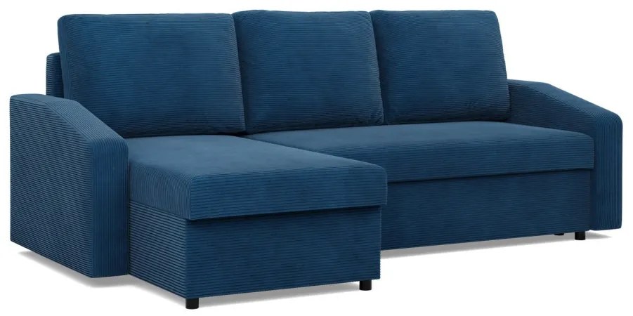 Zeus sarokkanapé, 1 ágyneműtartóval, döntött kartámasz, kordbársony, univerzális oldal, bonell töltet, kék