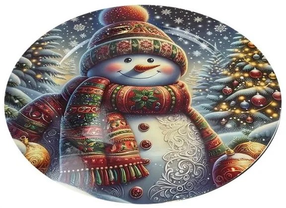 Karácsonyi vidám Hóemberes műanyag  dekor kerek tálca - 33 cm