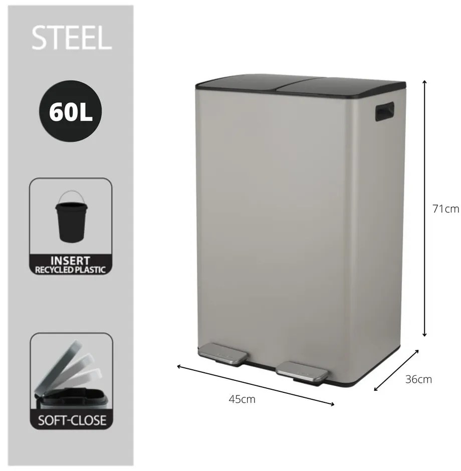 Szürkésbarna acél szelektív pedálos szemetes 2x30 l Aliya – Spirella