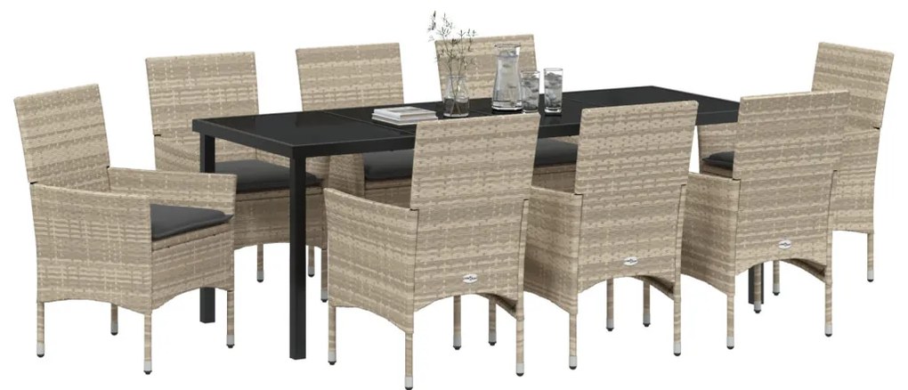 9 Részes Kerti Étkezőszett Párnákkal, Világosszürke Poli Rattan, Kerti Asztal, Fekete 200x80x73 cm, Edzett Üveggel