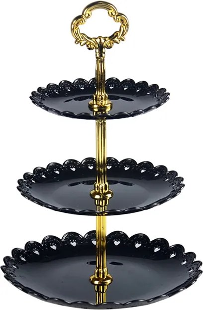 Fekete 3 szintes serpenyő arany torta- és desszerttartóval, műanyag