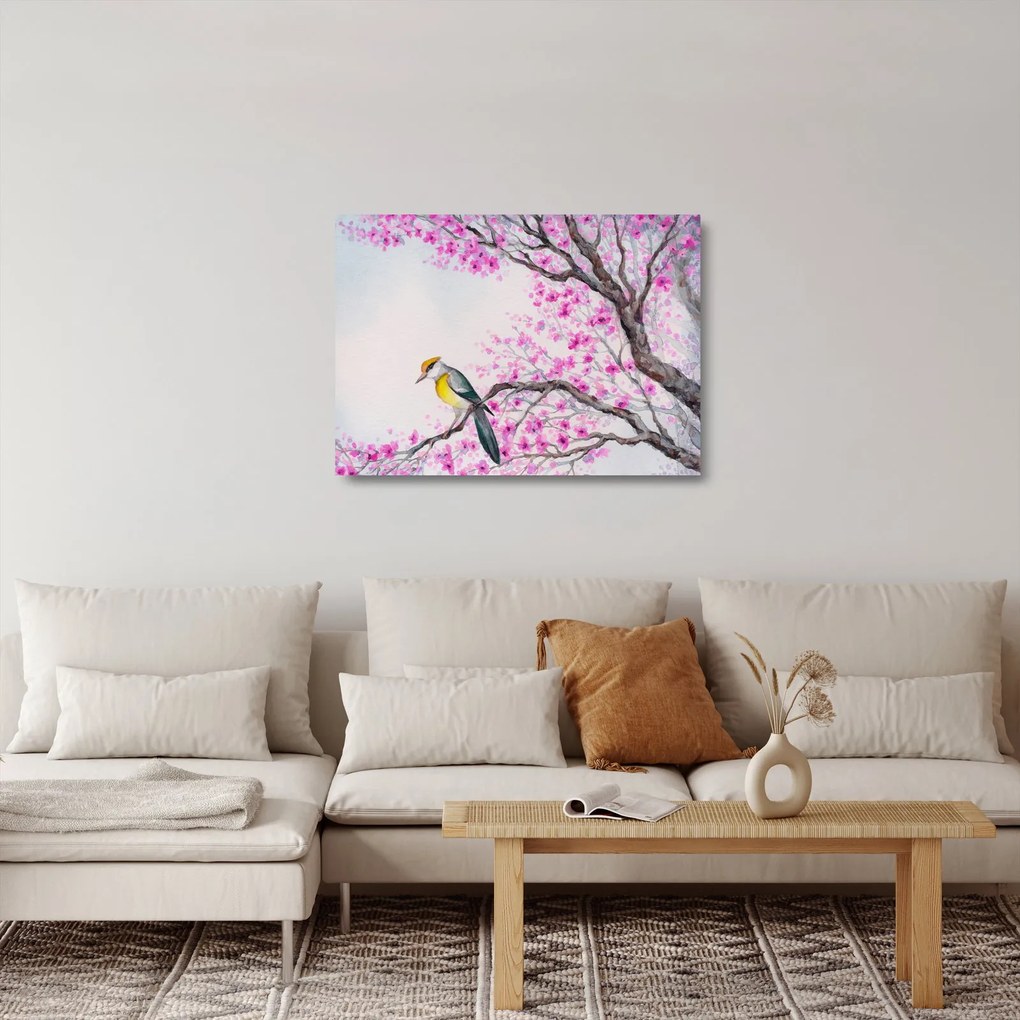 Kép - Madár egy fán rózsaszín virágokkal (üvegen) (70x50 cm)