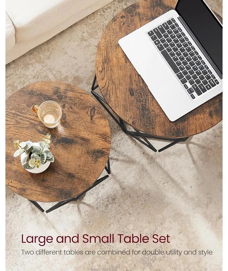 Dohányzóasztal, 2 oldalsó asztal, Ø60cm és Ø50cm, barna-fekete