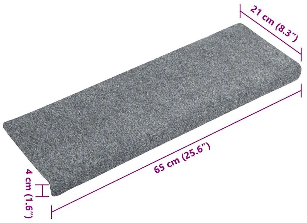 15 db öntapadós lépcsőszőnyeg, 65 x 21 x 4 cm, világosszürke, téglalap alakú széllel