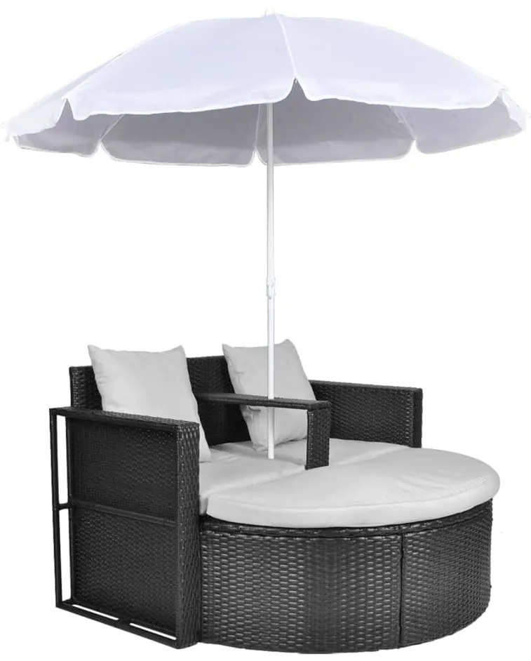Fekete polyrattan kerti ágy napernyővel