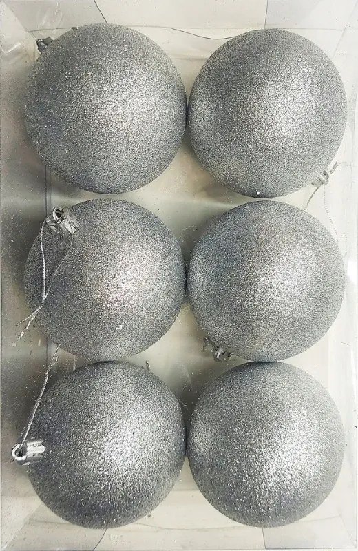 Karácsonyfadísz ezüst csillámos műanyag 6 db/csomag