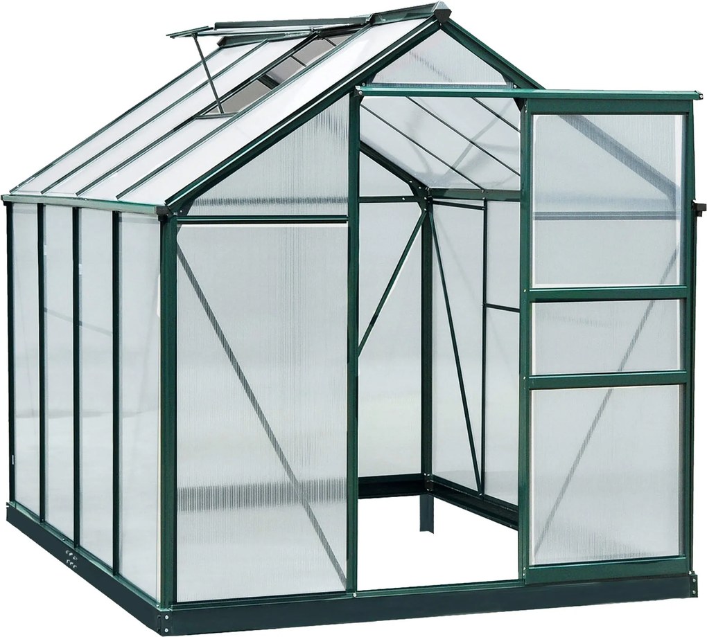 Outsunny Alumínium Melegágy Tetőablakkal, Ajtóval 190 x 252 x 201 cm - Növényház Alappal, Beléphető Paradicsom Melegágy Időjárásálló Polikarbonát Zöld