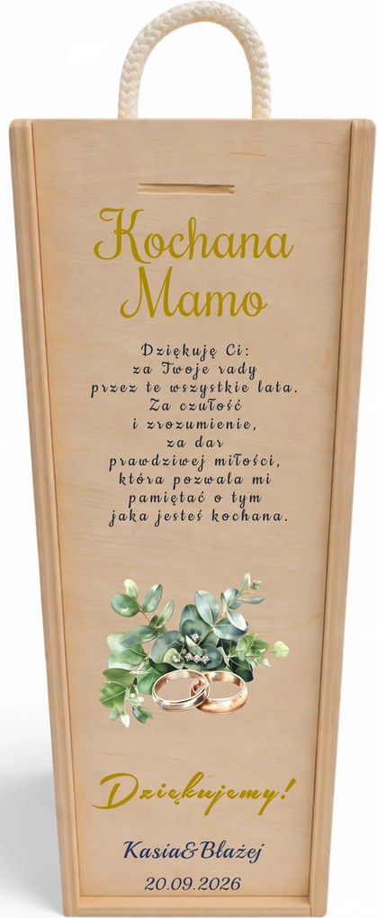 Fából készült borosdoboz Esküvői köszönetajándék anyukáknak az ifjú pártól