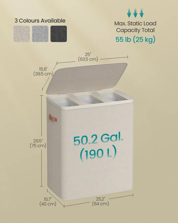 Szennyestartó Kosár, 190 L-es, 3 Rekeszes Szennyeskosár, 64 x 40 x 75 cm, Cappuccino Bézs