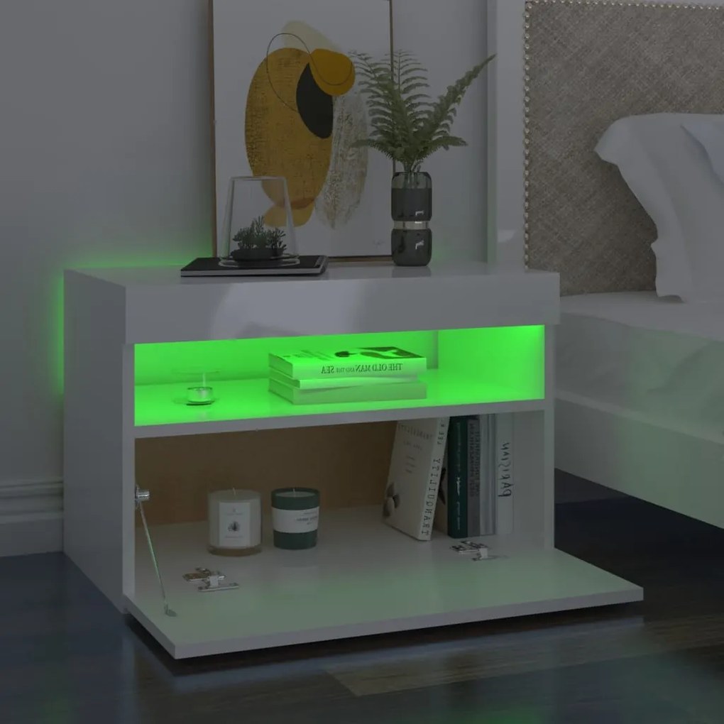 2 db magasfényű fehér éjjeliszekrény LED-lámpákkal 60x35x40 cm