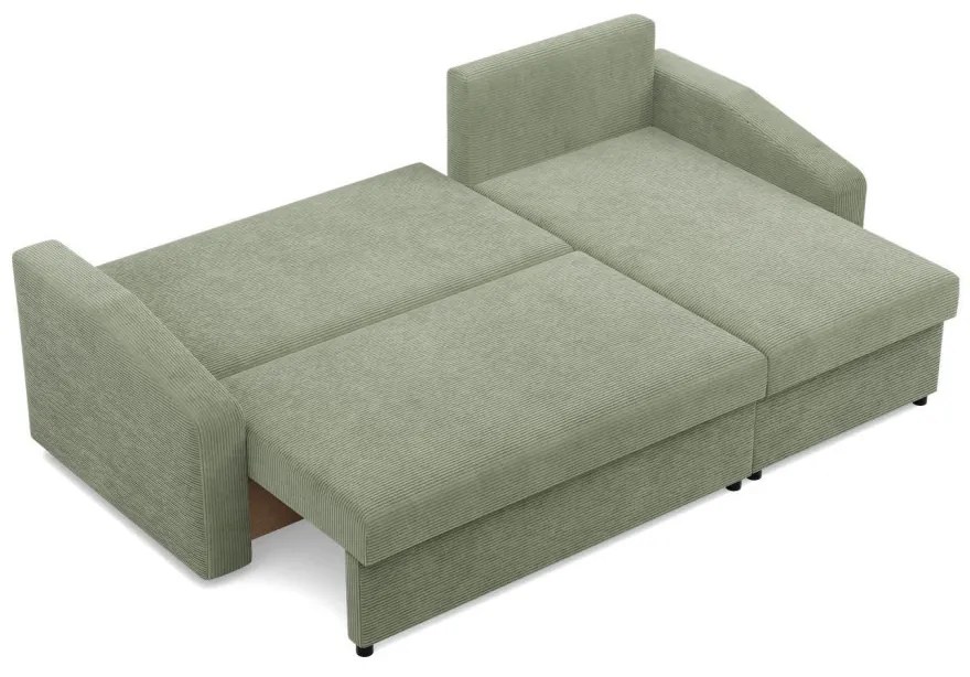 Zeus sarokkanapé, 2 ágyneműtartóval, döntött kartámasz, kordbársony, univerzális oldal, hab töltet, zöld