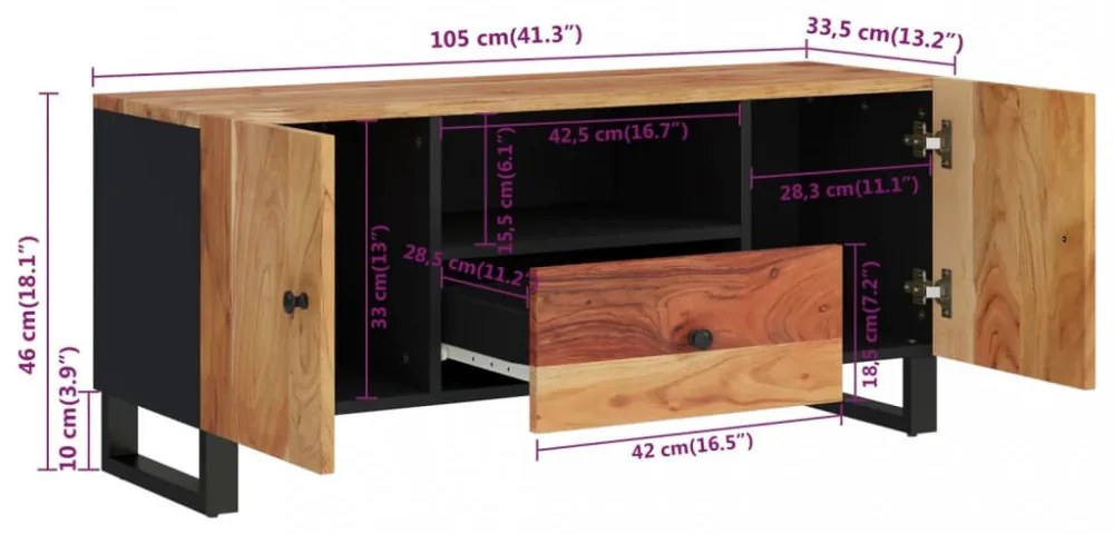 tömör akácfa és szerelt fa TV-szekrény 105 x 33,5 x 46 cm