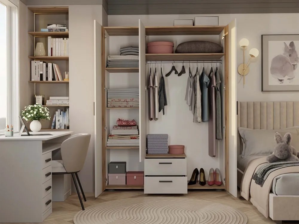 Ava 150 gardróbszekrény, 150 cm, tükörrel, 2 fiók, bordázott front, tölgy - kasmír