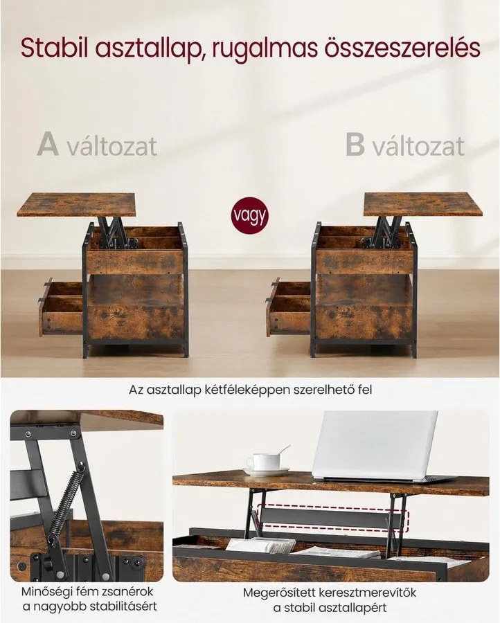 VASAGLE felnyitható dohányzóasztal 2 fiókkal, 3 rejtett rekesszel és polccal, 100 x 50 x 48–63 cm, rusztikus barna/tintafekete