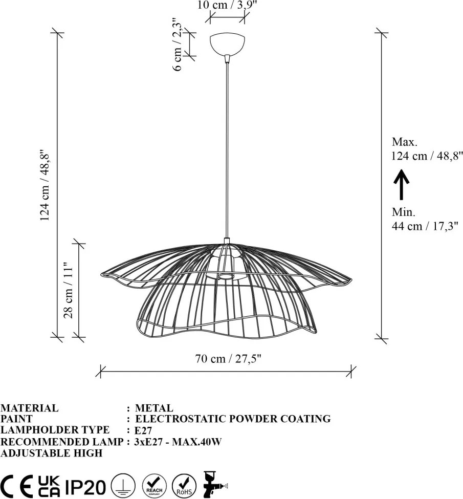 Mantar 6503-3-XL arany fém 3 izzós függőlámpa, Ø70 cm
