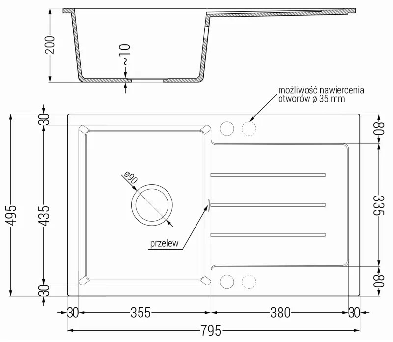 Mexen Bruno, 1 kamrás gránit mosogató 795x495x200 mm és Flora mosogató csaptelep, fehér, 6513-20-670401-07-B