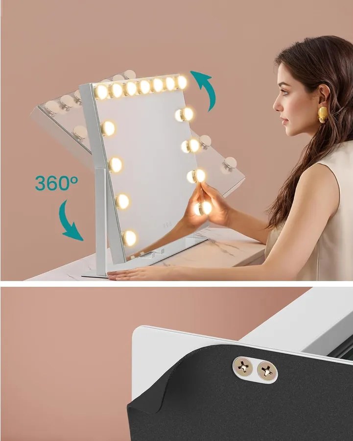 SONGMICS sminktükör világítással, 58 x 43 cm, kozmetikai tükör 15 LED izzóval, matt fehér
