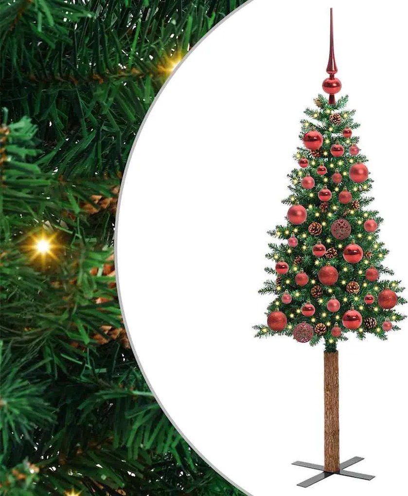 vidaXL Karcsú karácsonyfa 150 LED-del Zöld 150 cm PVC és tömör fenyőfa