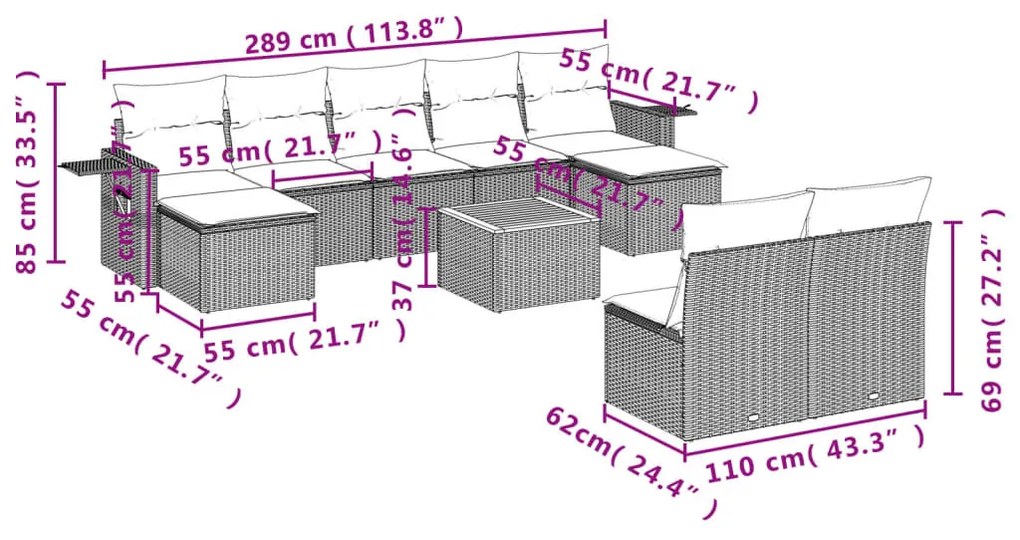 10 részes szürke polyrattan kerti ülőgarnitúra párnákkal