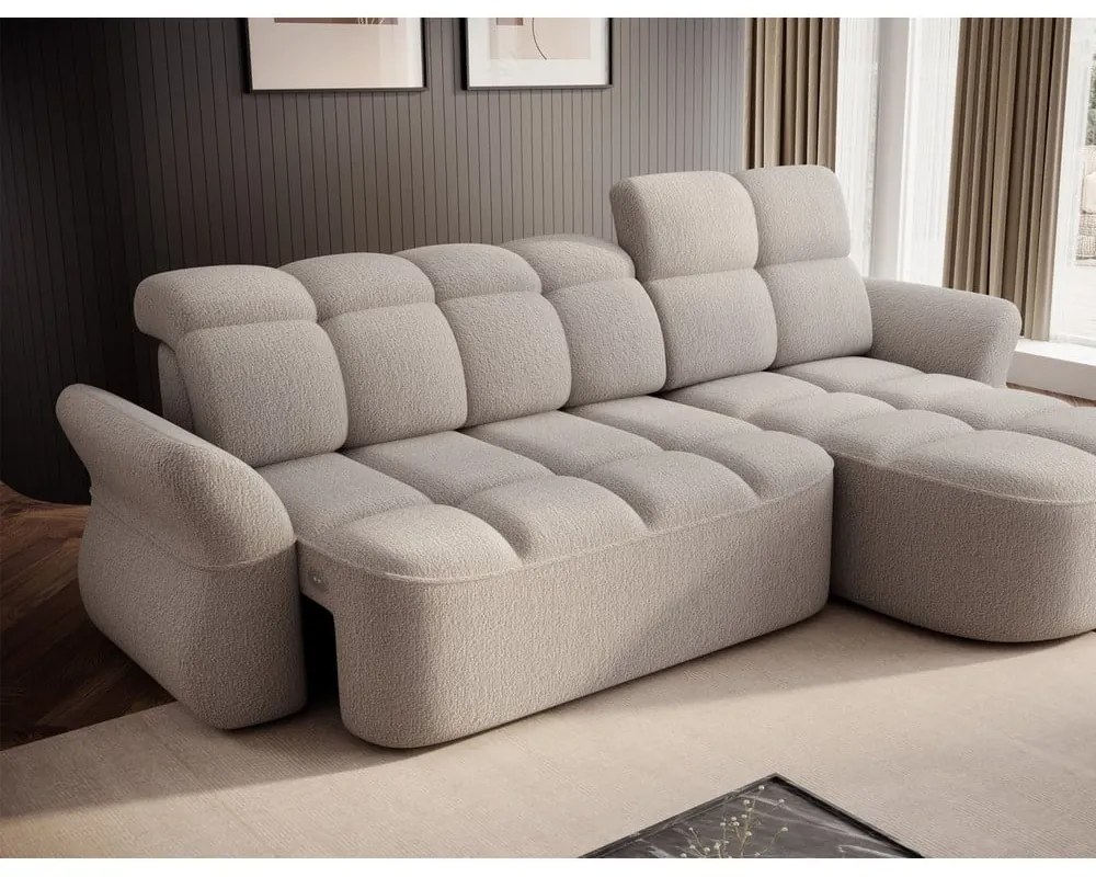 Bézs buklé kinyitható-tárolóhelyes sarokkanapé (jobb oldali-heverő résszel) Beneth – ELTAP