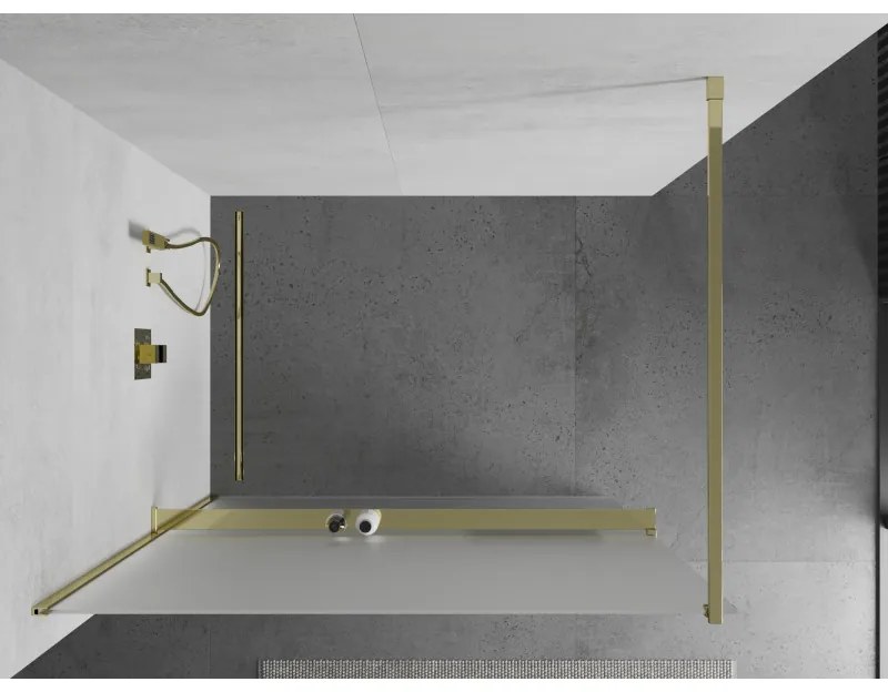 Mexen Kioto +, zuhany paraván polccal és törölközőtartóval 90 x 200 cm, 8 mm-es jegesedés üveg, arany profil, 800-090-121-50-30