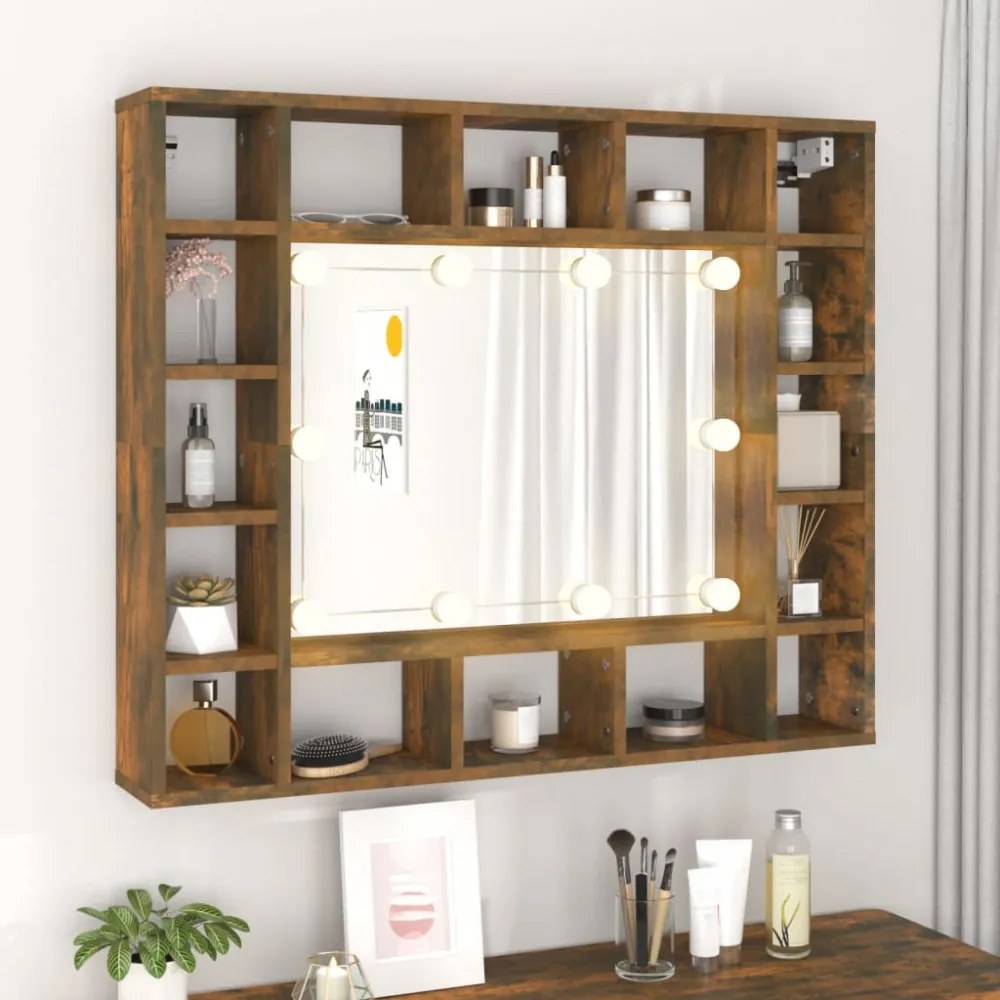 füstös tölgy színű tükrös szekrény LED-ekkel 91 x 15 x 76,5 cm