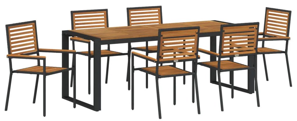 7 darabos kerti étkezőszett fekete polyrattan akácia, egymásra rakható kerti székek párnákkal 2db fekete polyrattan
