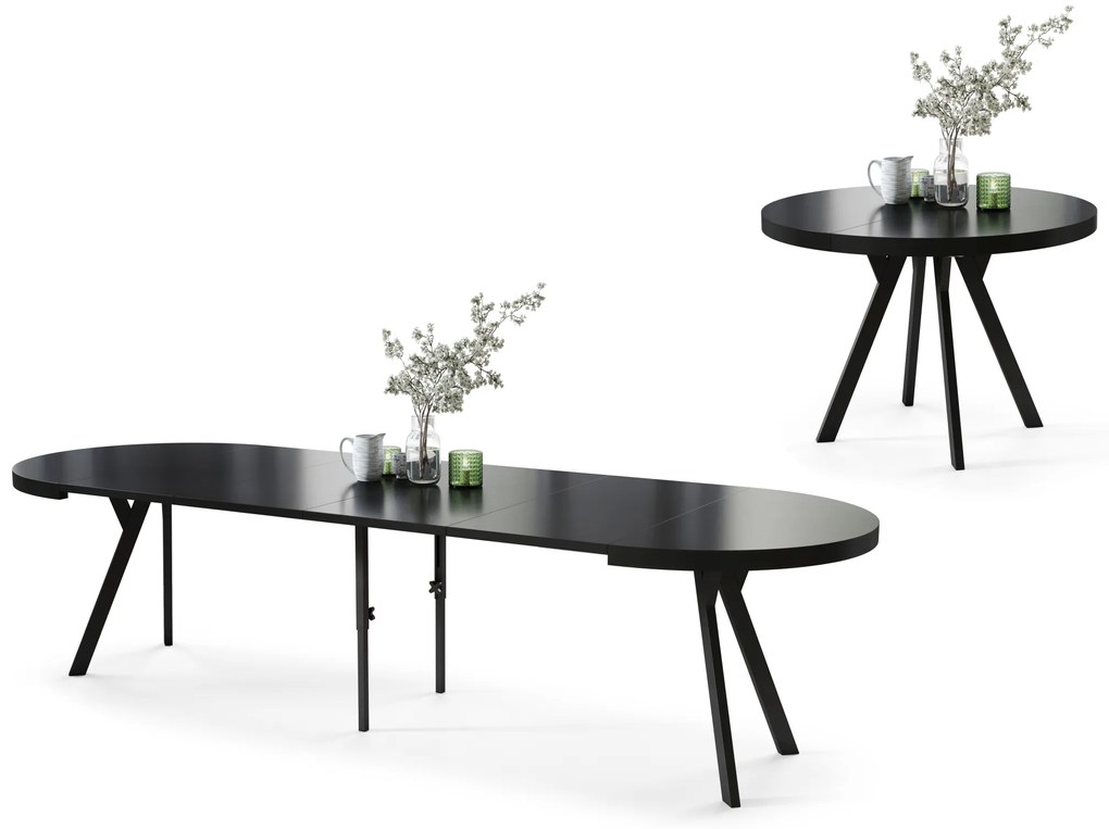 Mazzoni EXPANSO Fekete Matt/fekete lábak - LOFT/IPARI STÍLUSÚ 310 cm-re BŐVÍTHETŐ NAGY KEREK ASZTAL Ø110 Y LÁBAKKAL