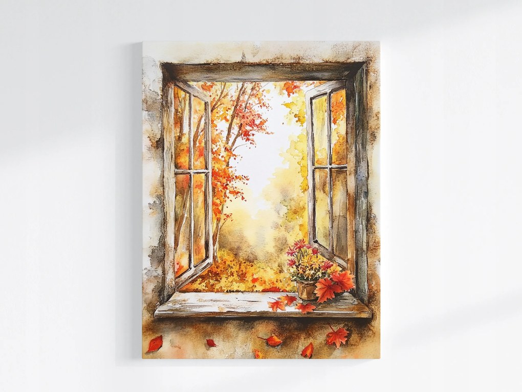 Poszter Dekoráció Ablak Kilátás Fa Ősz Virágok 75x100