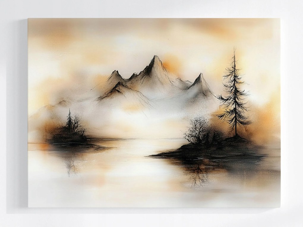 Vászonkép Canvas Grafika Tájkép Hegyek Tó Sziget Fa 100x75