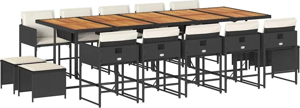 vidaXL 15 részes fekete polyrattan kerti étkezőgarnitúra párnákkal